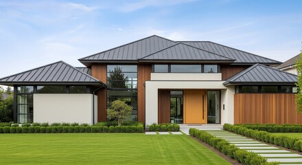 Modern two-story house with brown wood and white exterior, green lawn and blue sky