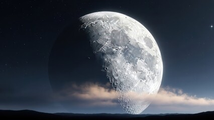 Luminous gibbous moon dominates the dark night sky with twinkling stars and soft clouds above a serene landscape horizon.