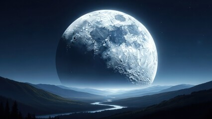 Majestic Full Moon Illuminating a Serene Night Landscape with Misty Mountain Ranges and a Winding River Below