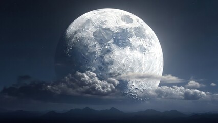 Stunning Full Moon Glimmering Above Silhouetted Mountain Range and Clouds in a Serene Night Sky