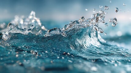 Transparent blue water splash arc, frozen mid-motion for creative art composition, freshness, vitality, dynamic energy reflecting beverage design, cleaning brand, and summer visuals