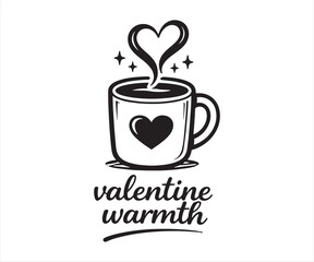 Valentine Warmth Coffee Cup with Heart Steam Typography Illustration