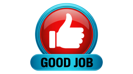 Thumbs up icon in red circle with blue border and good job text in flat design for social media