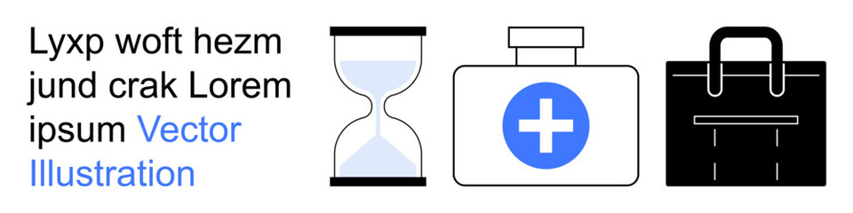 Obraz premium Time management, healthcare, medical supply storage, emergency preparation, productivity, efficiency. an hourglass, first aid kit and briefcase. Healthcare and time management concept