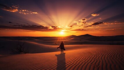 Solitary traveler standing in a vast desert landscape at majestic sunset with dramatic sun rays illuminating sand dunes.