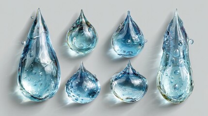 Transparent raindrop set isolated with soft shadow beneath, with realistic shapes symbolizing cleaning freshness, seasonal graphic components, and detailed water transparency overlay precision.
