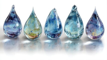 Transparent raindrop set isolated with soft shadow beneath, with realistic shapes symbolizing cleaning freshness, seasonal graphic components, and detailed water transparency overlay precision.