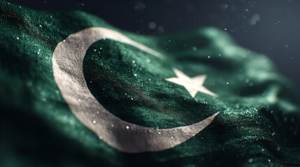 A waving green flag featuring a white crescent and star, symbolizing a nation