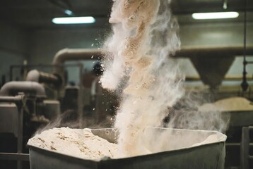 White powder falling into a metal bin in an industrial setting