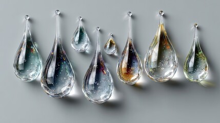Transparent raindrop set isolated with soft shadow beneath, with realistic shapes symbolizing cleaning freshness, seasonal graphic components, and detailed water transparency overlay precision.