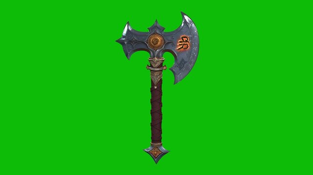 Highly detailed 3D fantasy battle axe design 02, with ornate metal blades, glowing gemstone core, isolated on green screen. Ideal for fantasy games, epic animation projects and VFX compositions.