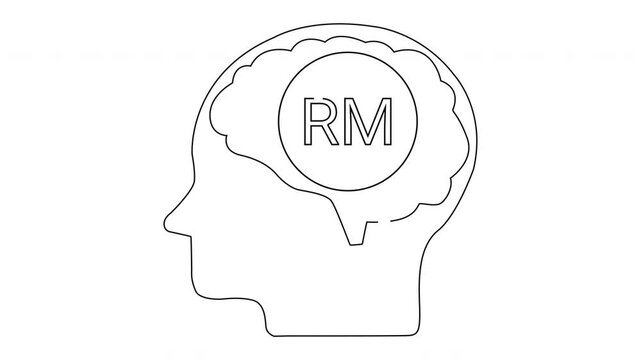 Outline of a head showing a brain with the letters RM inside a circle