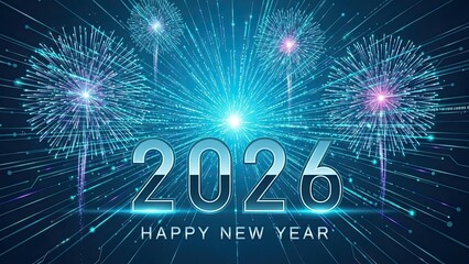 Vibrant blue fireworks exploding behind shiny 2026 text on dark background with happy new year message, celebration and festivity
