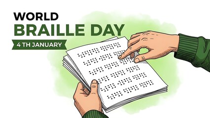 Fototapeta premium World Braille Day illustration showing hands reading a document with raised dots.
