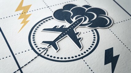 Global travel disruption concept with airplane storm cloud and lightning symbolizing unexpected delays and challenges