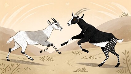 Stylized goat and zebra-striped goat galloping face-to-face in desert sunset landscape