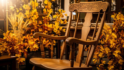 Cozy Autumn Scene Featuring a Wooden Rocking Chair Amidst Fall Foliage and Golden Wheat Stalks