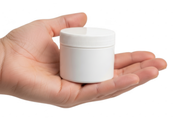 Hand holding a small white cosmetic jar isolated on transparent background