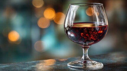 Transparent wine glass filled halfway with red wine, soft reflection surface captured, romance, luxury, celebration, fine art imagery, perfect for restaurants, beverage branding, or premium lifestyle.