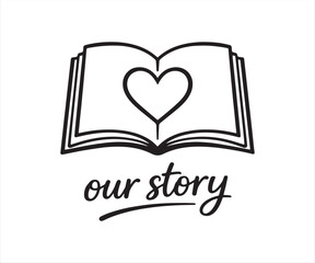 Our Story Open Book with Heart Typography Line Illustration