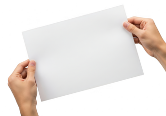 Hands holding a blank white sheet of paper isolated on transparent background