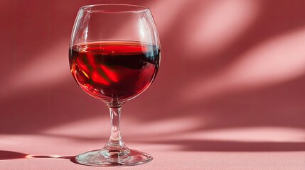 Transparent wine glass filled halfway with red wine, soft reflection surface captured, romance, luxury, celebration, fine art imagery, perfect for restaurants, beverage branding, or premium lifestyle.
