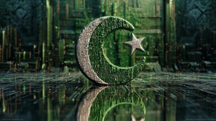 A waving green flag featuring a white crescent and star, symbolizing a nation