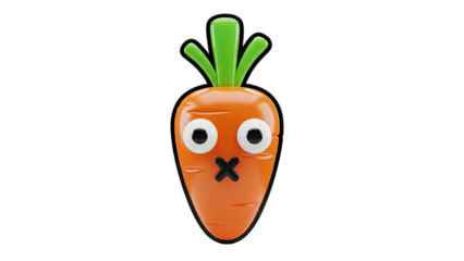3D Surprised cartoon carrot with big eyes and X mouth on transparent background