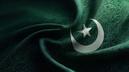 A waving green flag featuring a white crescent and star, symbolizing a nation