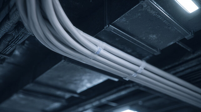 close-up of electrical conduits installed on a ceiling in a building