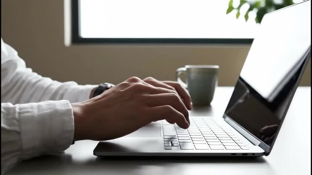 Focused Professional Typing on Laptop, Modern Workspace