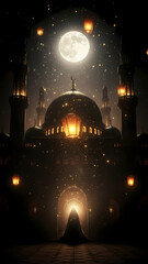Illuminated Mosque at Night with Full Moon and Lanterns, a Serene Islamic Cultural Scene