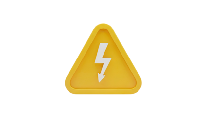 3D Yellow warning triangle with lightning bolt symbol on transparent background