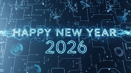 Happy new year 2026, futuristic circuit board background with neon lights, glowing blue lines and nodes, technology and innovation concept