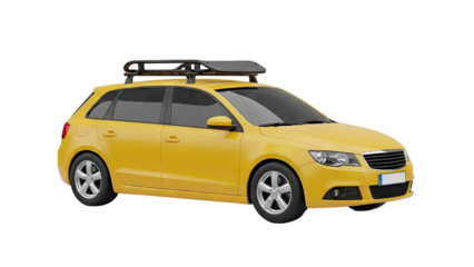 3D Yellow station wagon car with roof rack on transparent background