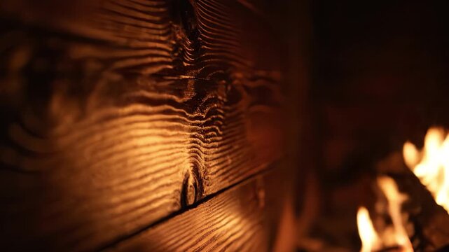 Warm textured wooden wall texture grain knot lit by orange firelight flame glow warm wooden plank illuminated by fireplace glow creating cozy rustic atmosphere with soft bokeh amber light creating