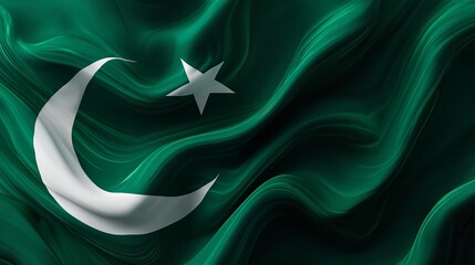 A waving green flag featuring a white crescent and star, symbolizing a nation