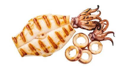Grilled squid isolated on transparent background PNG, delicious seafood with tentacles and rings for restaurant menu and culinary design