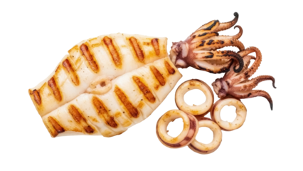 Grilled squid isolated on transparent background PNG, delicious seafood with tentacles and rings for restaurant menu and culinary design