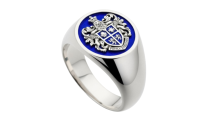 Silver signet ring with blue enamel and heraldic crest isolated PNG, jewelry accessory for men and women with family coat of arms