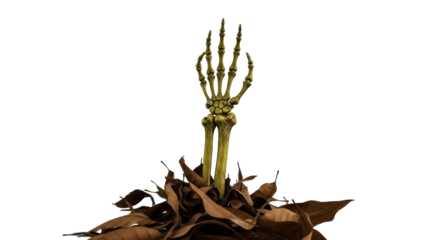 Spooky skeleton hand rising from pile of brown leaves isolated PNG, Halloween decoration element on transparent background