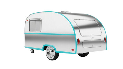 Retro silver camper trailer PNG isolated on transparent background, vintage caravan with turquoise trim for travel and camping