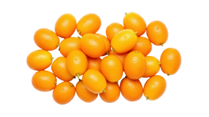 Pile of vibrant orange kumquats isolated PNG, small citrus fruits on transparent background for healthy eating and culinary design