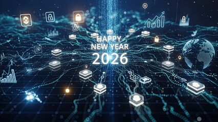 Happy new year 2026, futuristic technology background with glowing blue lines, digital icons, and a globe, representing innovation and connectivity