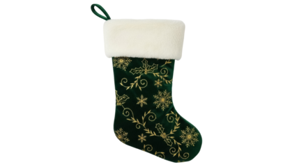 Green velvet Christmas stocking with gold snowflakes isolated PNG, holiday decoration for fireplace mantle and festive season