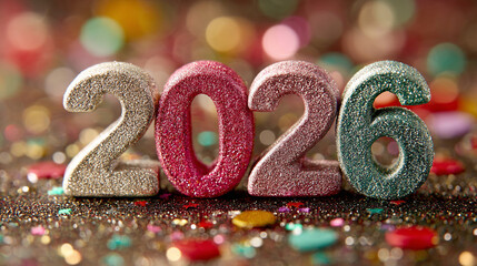 Glittery 2026 numbers on colorful confetti background for New Year's celebration