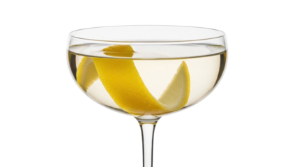 Elegant coupe glass with a lemon twist isolated PNG, classic cocktail presentation on transparent background for bar and restaurant menus