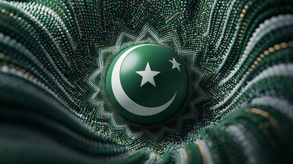 A waving green flag featuring a white crescent and star, symbolizing a nation