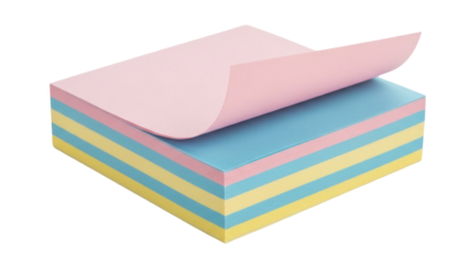 Stack of colorful sticky notes PNG isolated on transparent background, memo pad with pink, blue, and yellow sheets for office and school use