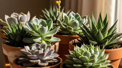 Fototapeta premium Group of various potted succulent plants thriving in warm sunlight on a windowsill.